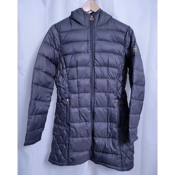 Michael Kors MK Packable Down Hooded Jacket Womens PS Gray/Gold - Picture 1 of 10